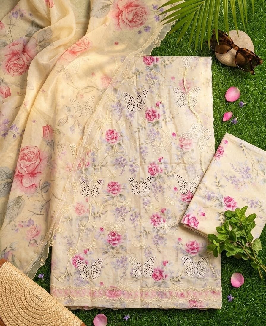 Vintage Blossom - 3-Piece Unstitched Floral Suit | Ahmad's Fabrics
