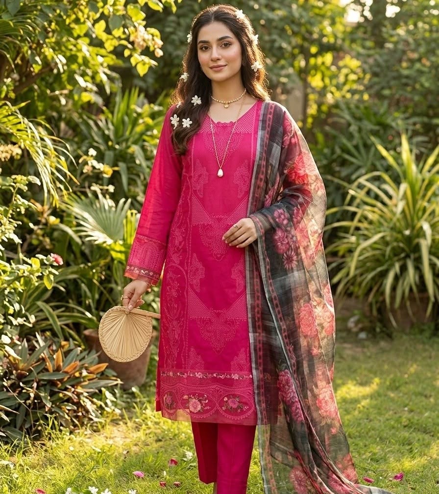 Fuchsia Garden - 3-Piece Unstitched Suit | Ahmad Zee Fabrics