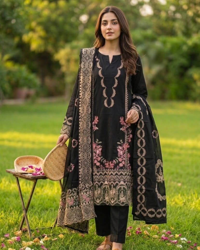 Midnight Bloom - 3-Piece Unstitched Embroidered Suit | Ahmad Zee Fabrics