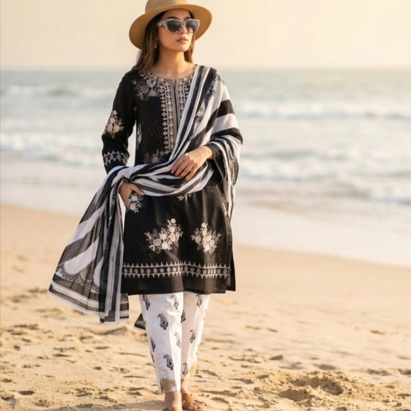 Monochrome Elegance - 3-Piece Unstitched Suit | Ahmad Zee Fabrics