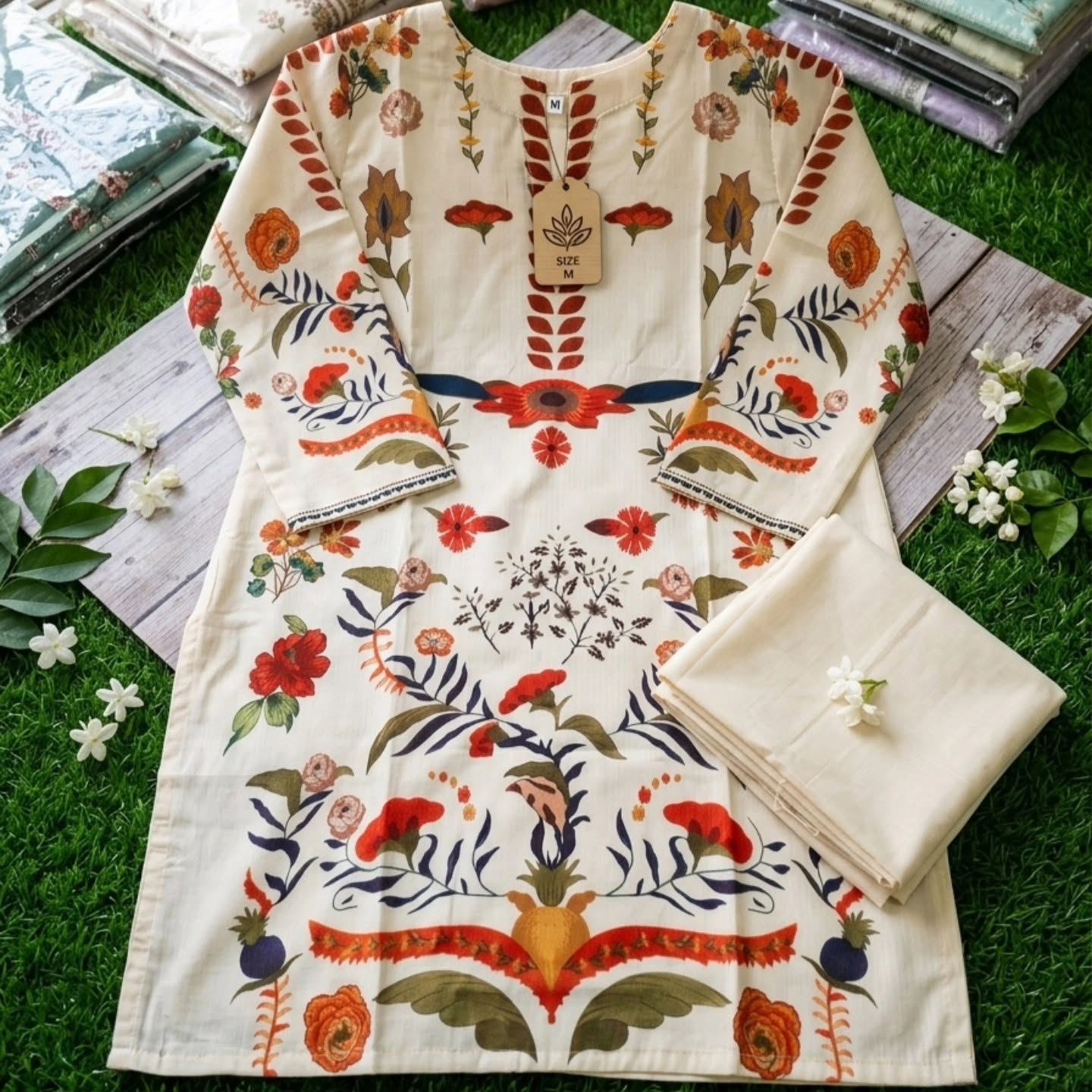 Vibrant Botanical Print 2-Piece Ready-to-Wear Suit (Cream)