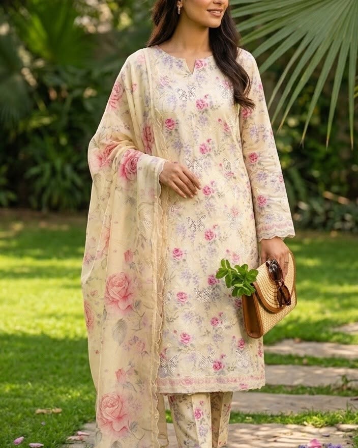 Vintage Blossom - 3-Piece Unstitched Floral Suit | Ahmad's Fabrics
