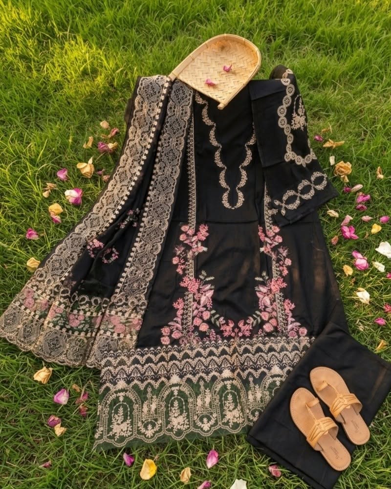 Midnight Bloom - 3-Piece Unstitched Embroidered Suit | Ahmad Zee Fabrics