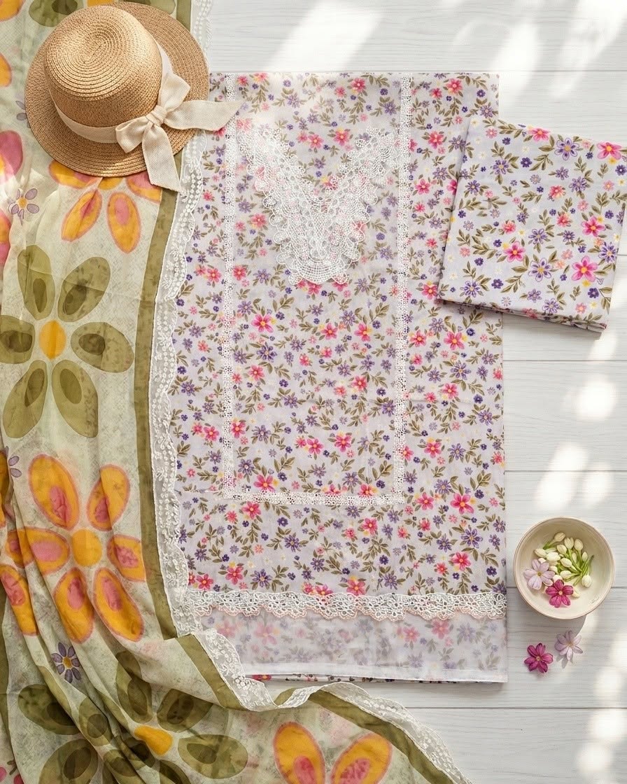 Ahmad Zee Fabrics - Spring Blossom Floral Printed 3-Piece Suit with Lace Details (Off-White)