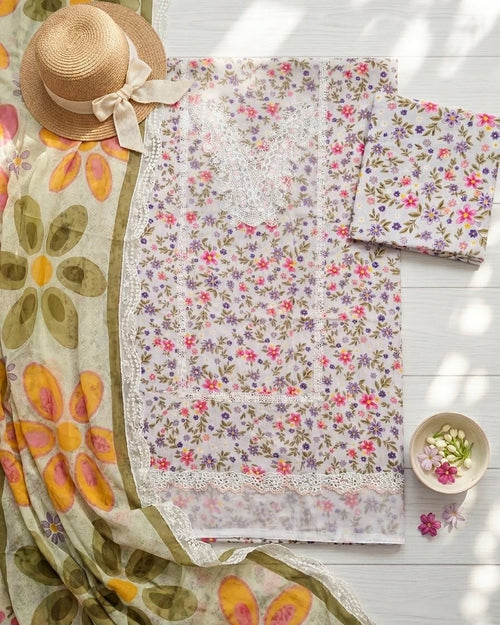 Ahmad Zee Fabrics - Spring Blossom Floral Printed 3-Piece Suit with Lace Details (Off-White)