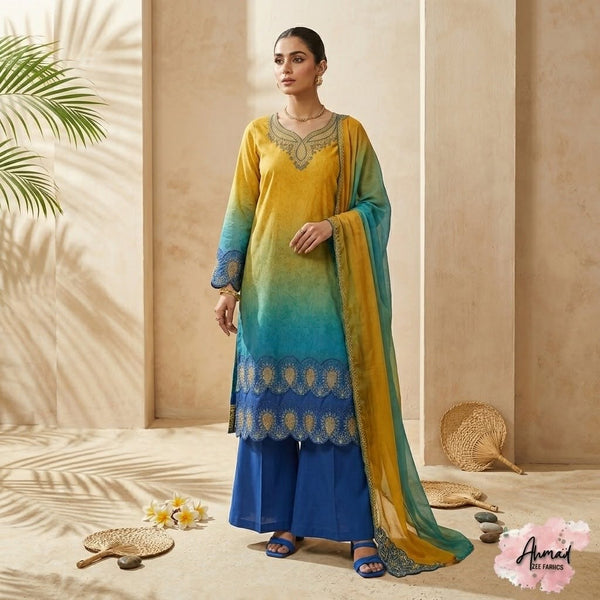 Ombre Embroidered 3-Piece Unstitched Suit | Ahmad Zee Fabrics