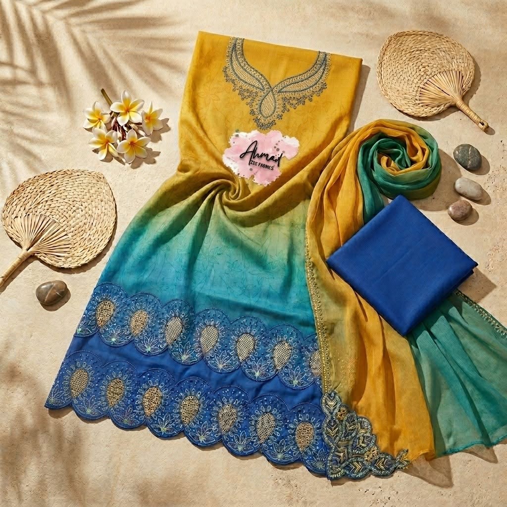 Ombre Embroidered 3-Piece Unstitched Suit | Ahmad Zee Fabrics