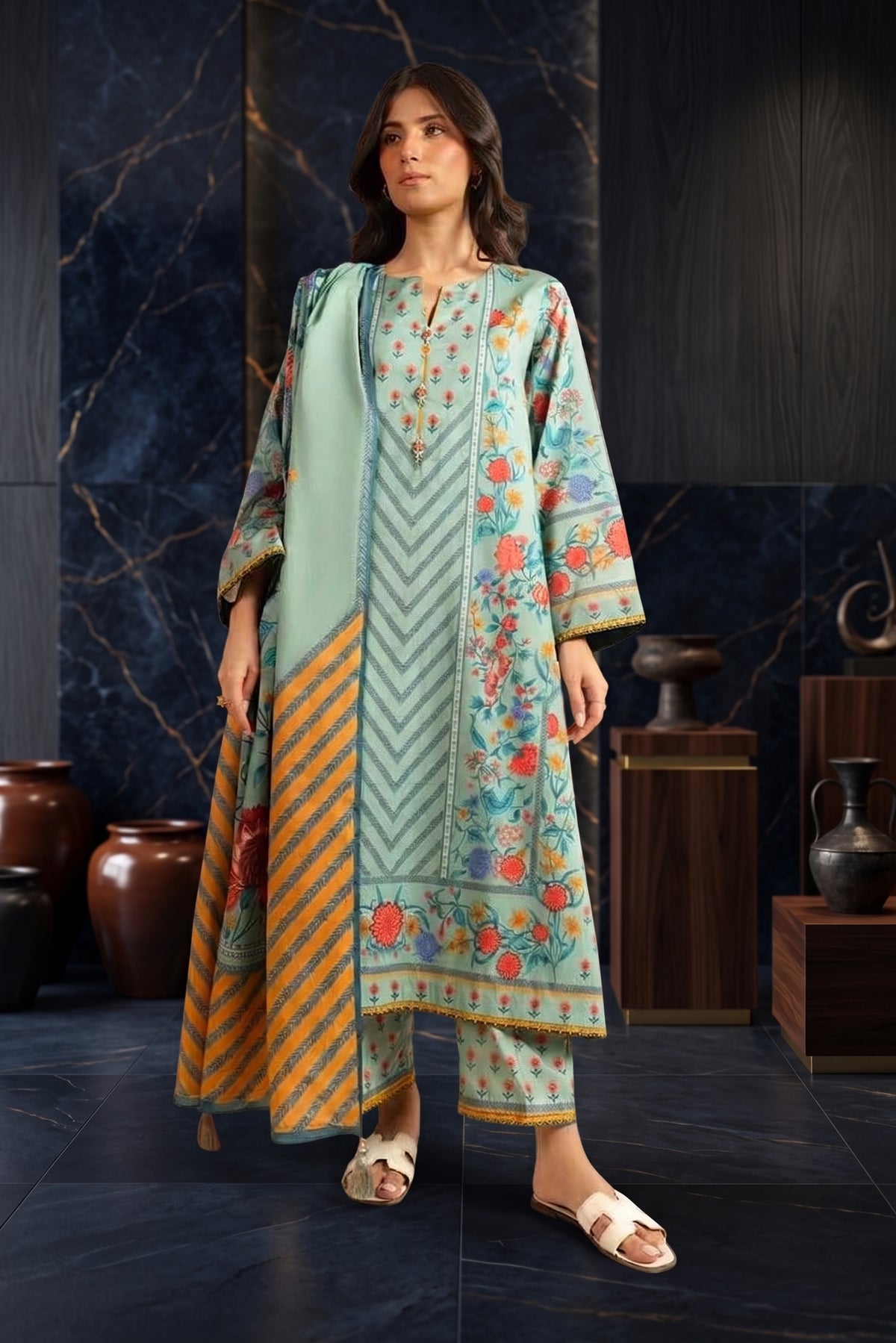 Ahmad Zee Fabrics – Mint Green 3-Piece Printed Lawn Suit (Unstitched)