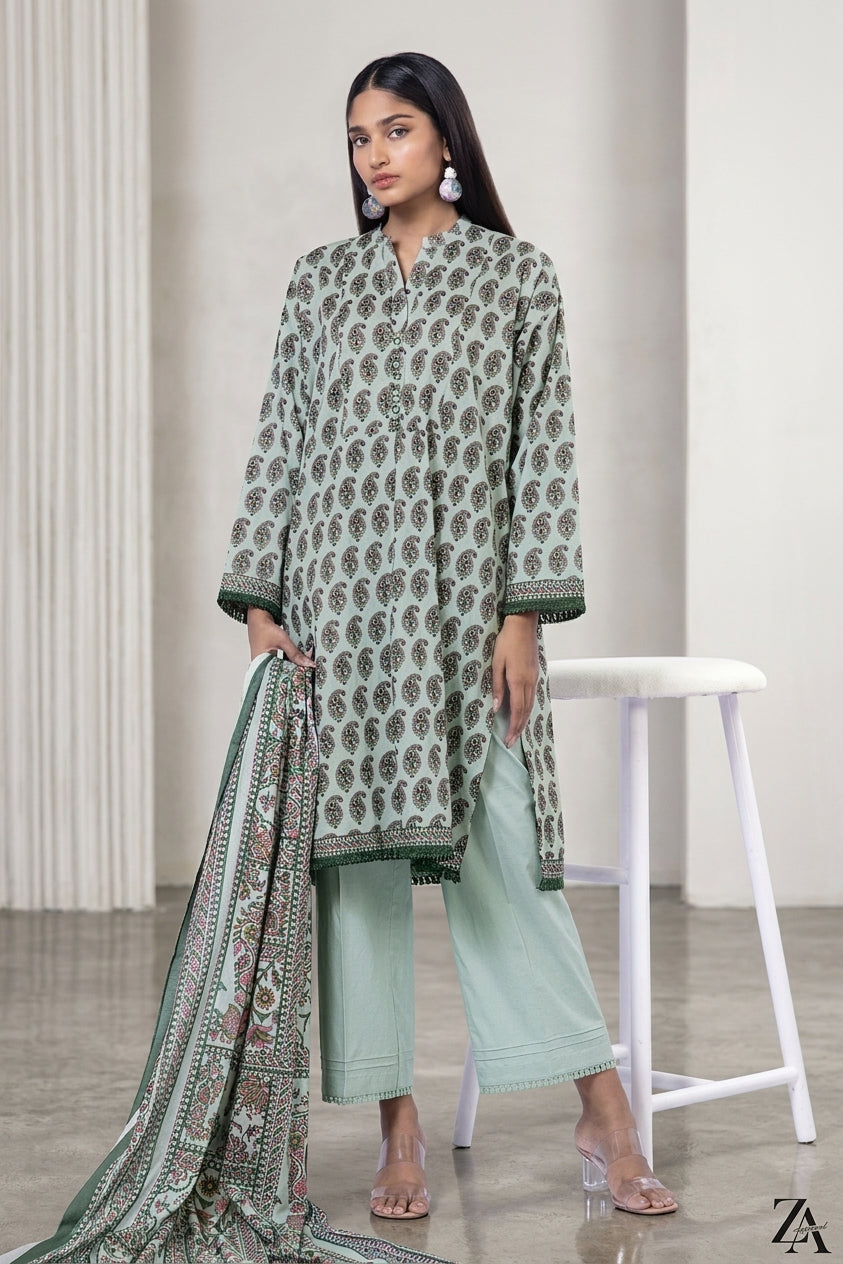 Ahmad Zee Fabrics – Mint Green 3-Piece Printed Lawn Suit (Unstitched) | Summer Collection