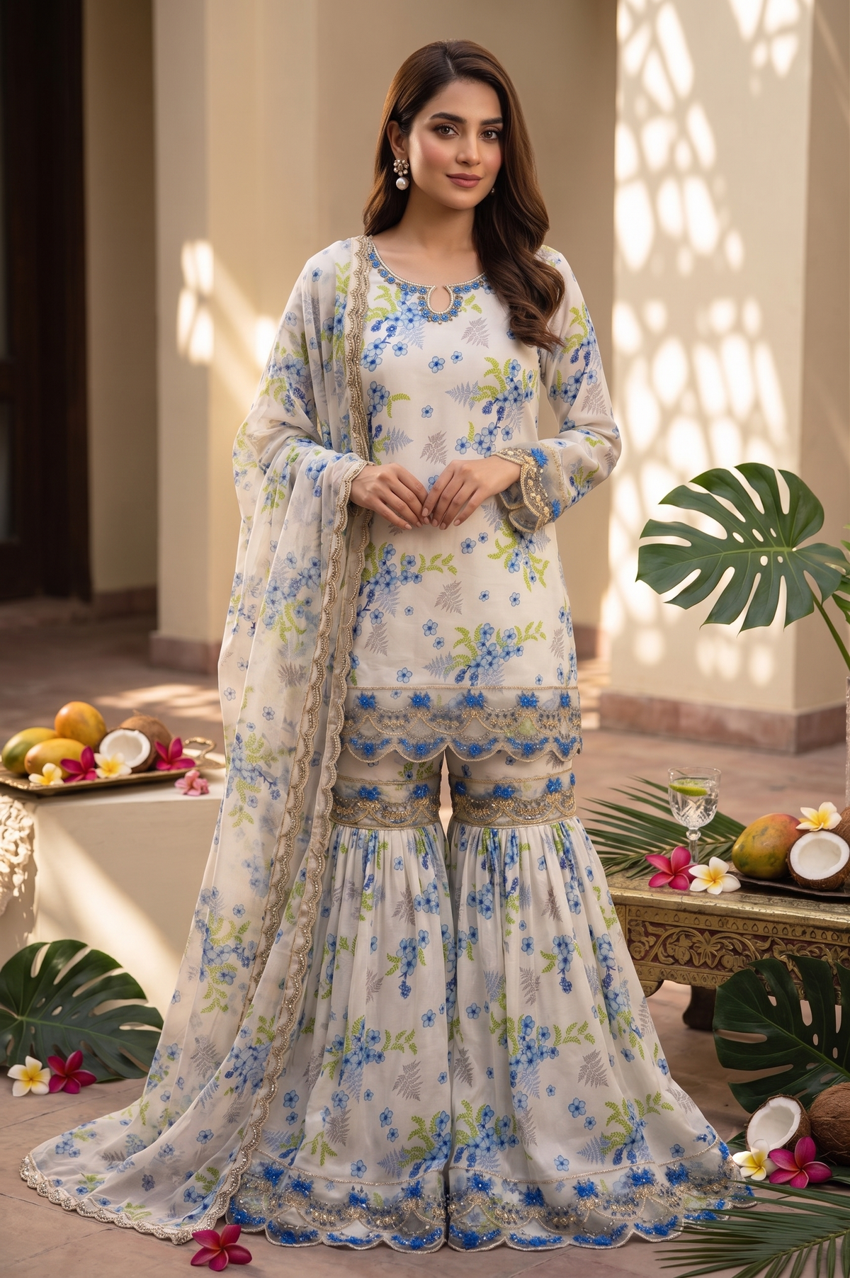 Floral Blue Embroidered Gharara Suit – 3-Piece Luxury Festive Set