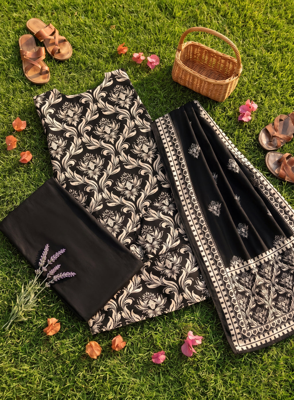 Black & Cream 3 Piece Unstitched Lawn Suit | Rs. 2,800