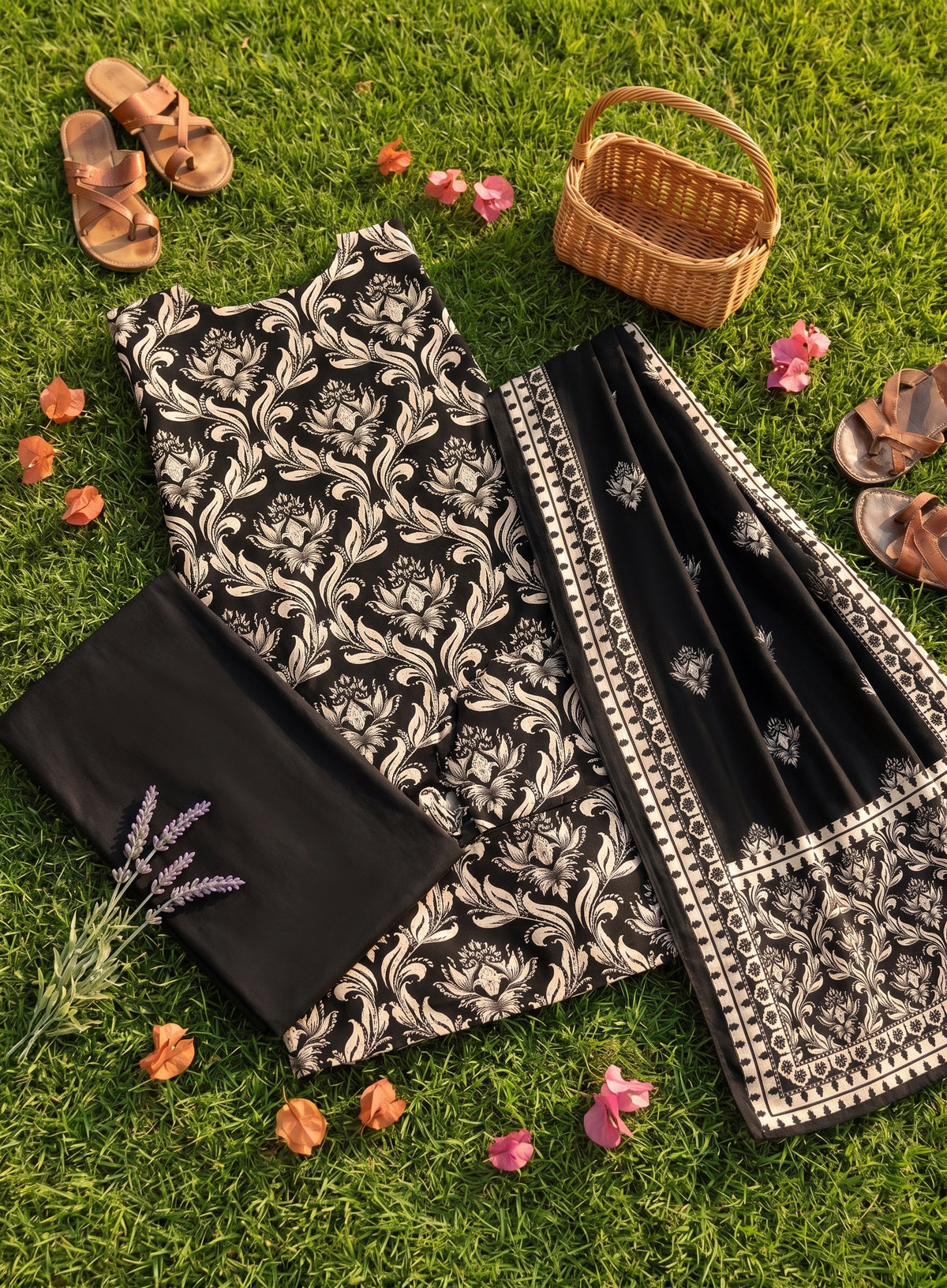 Black & Cream 3 Piece Unstitched Lawn Suit | Rs. 2,800
