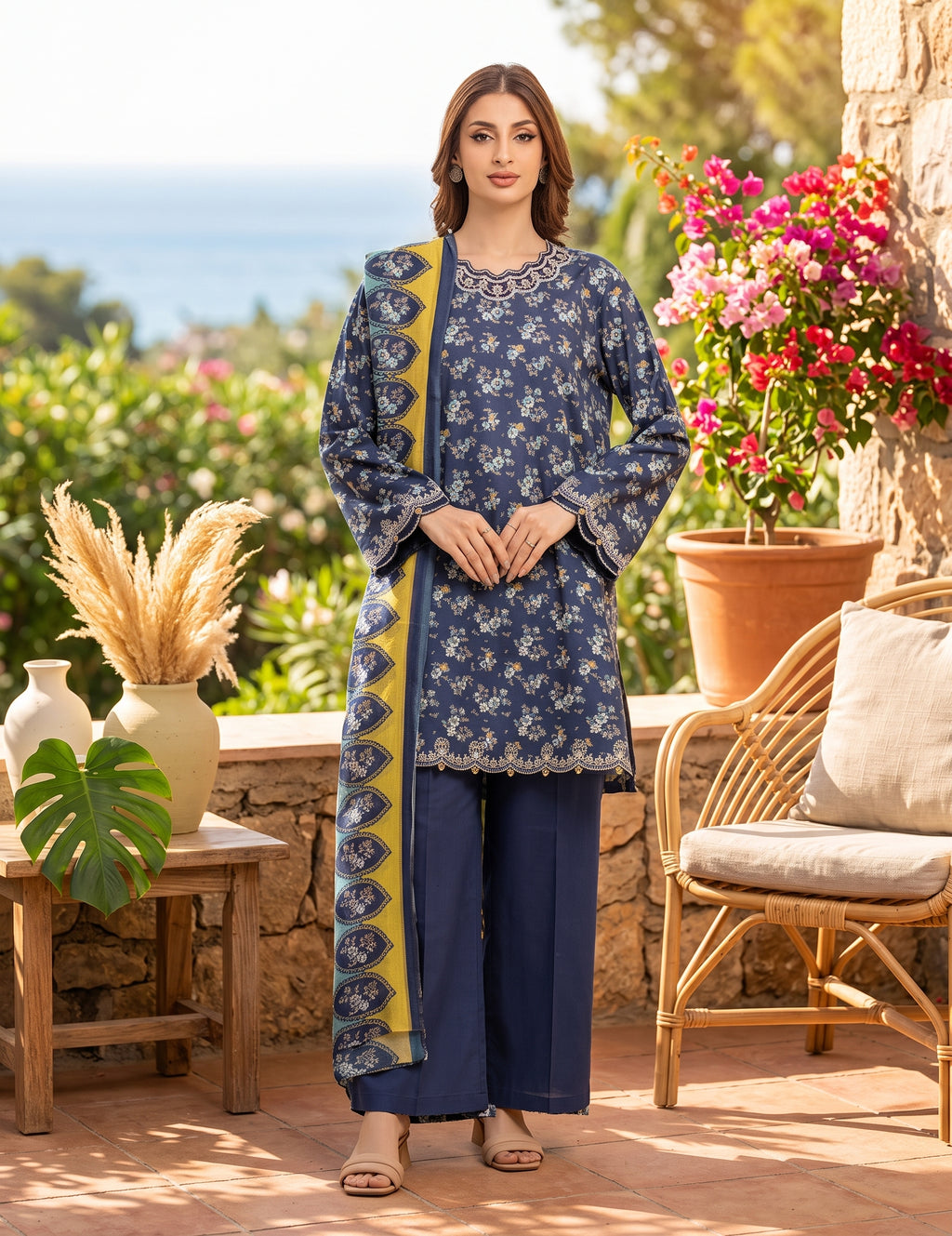 Ahmad Zee Fabrics – 3-Piece Printed Summer Lawn Suit with Embroidered Neckline & Voile Dupatta