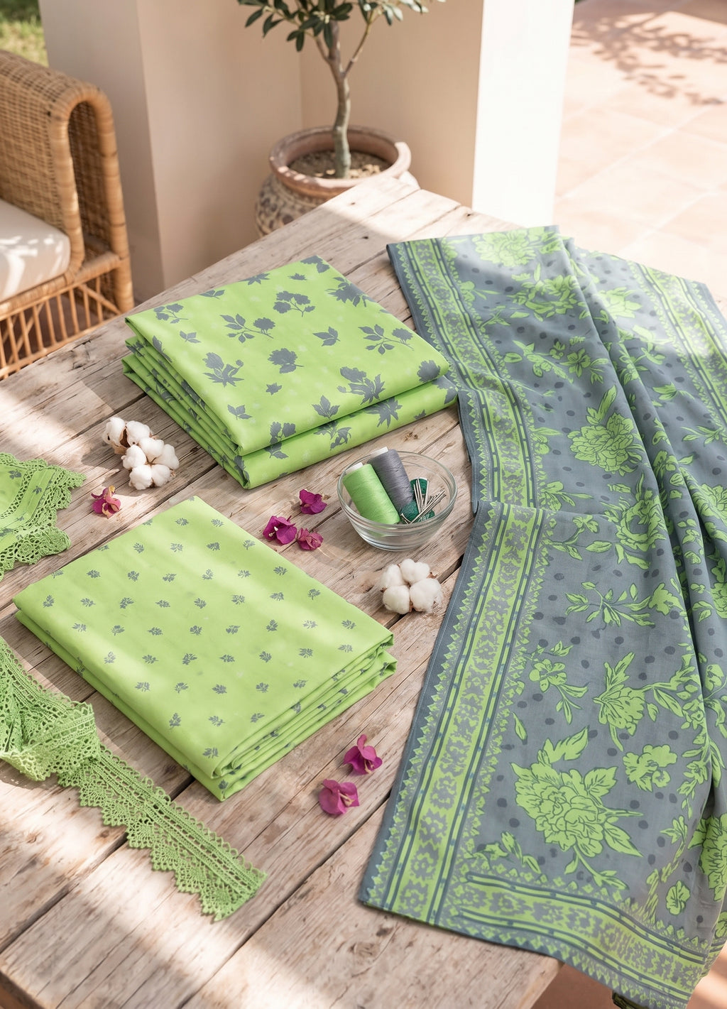Lime Green & Slate Grey Printed Lawn 3-Piece Unstitched Suit | Ahmad Zee Fabrics