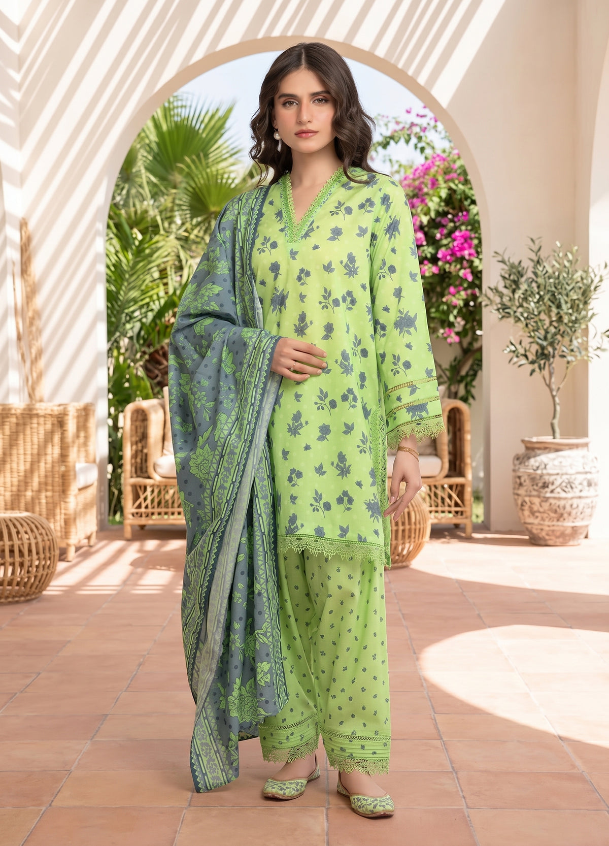 Lime Green & Slate Grey Printed Lawn 3-Piece Unstitched Suit | Ahmad Zee Fabrics