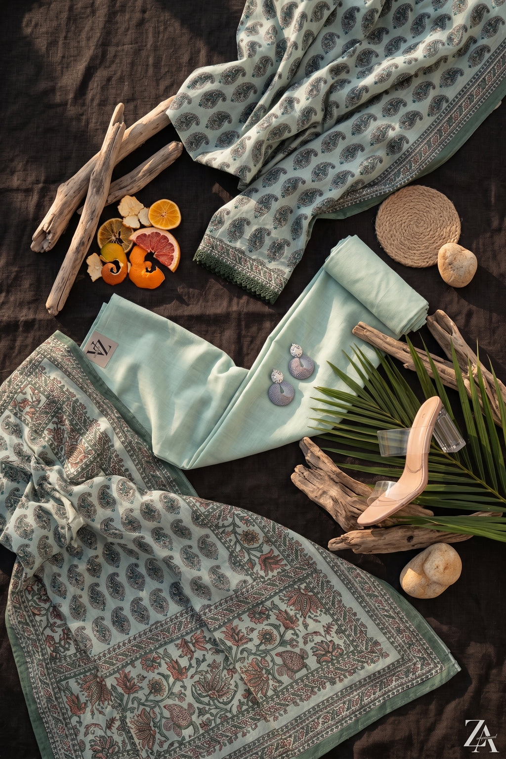 Ahmad Zee Fabrics – Mint Green 3-Piece Printed Lawn Suit (Unstitched) | Summer Collection