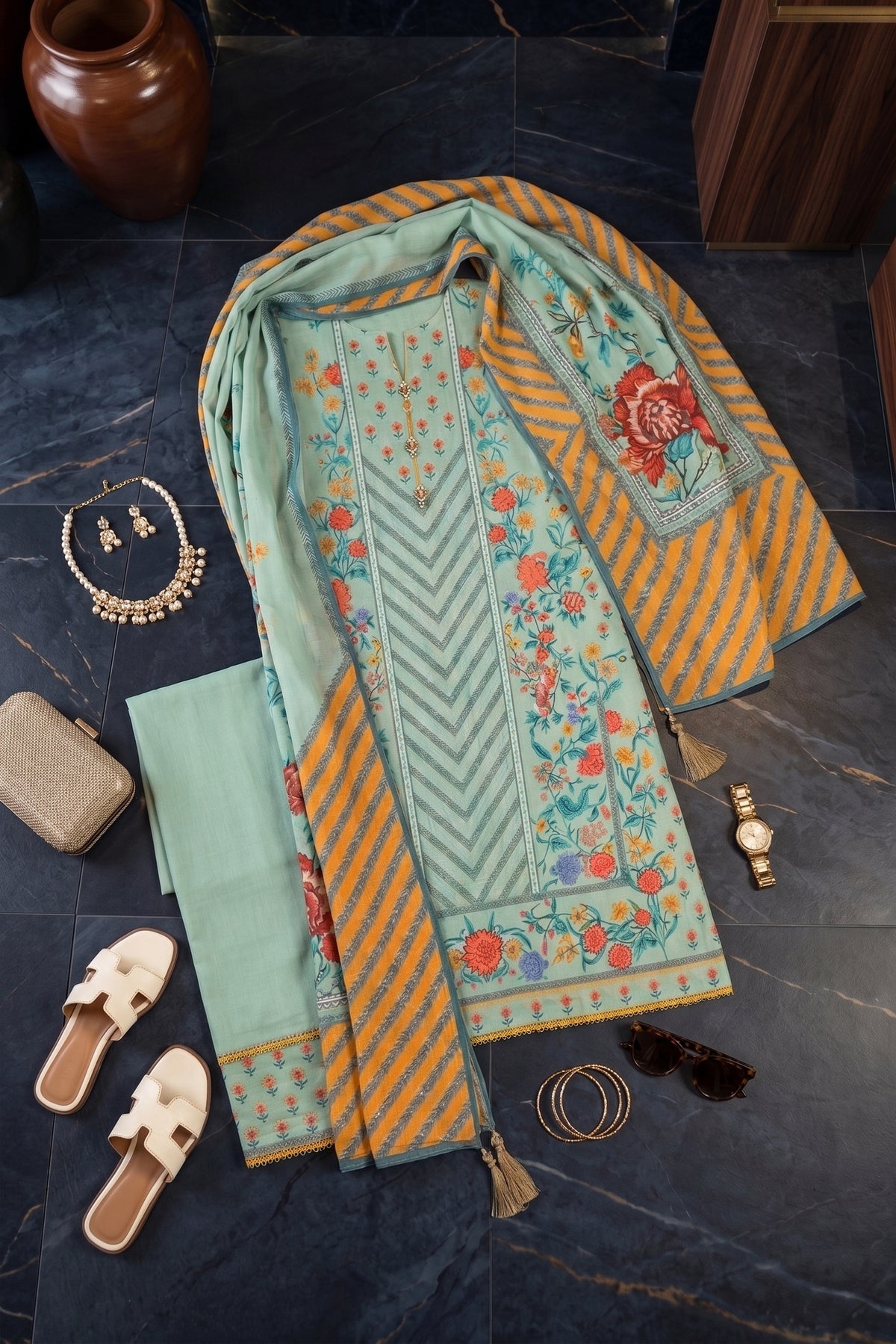 Ahmad Zee Fabrics – Mint Green 3-Piece Printed Lawn Suit (Unstitched)