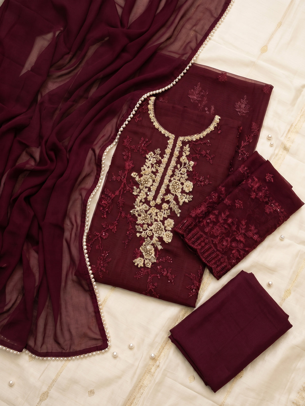 Premium Embroidered Chiffon Suit with Adda Work & Malai Trouser | Ahmad Zee Fabrics