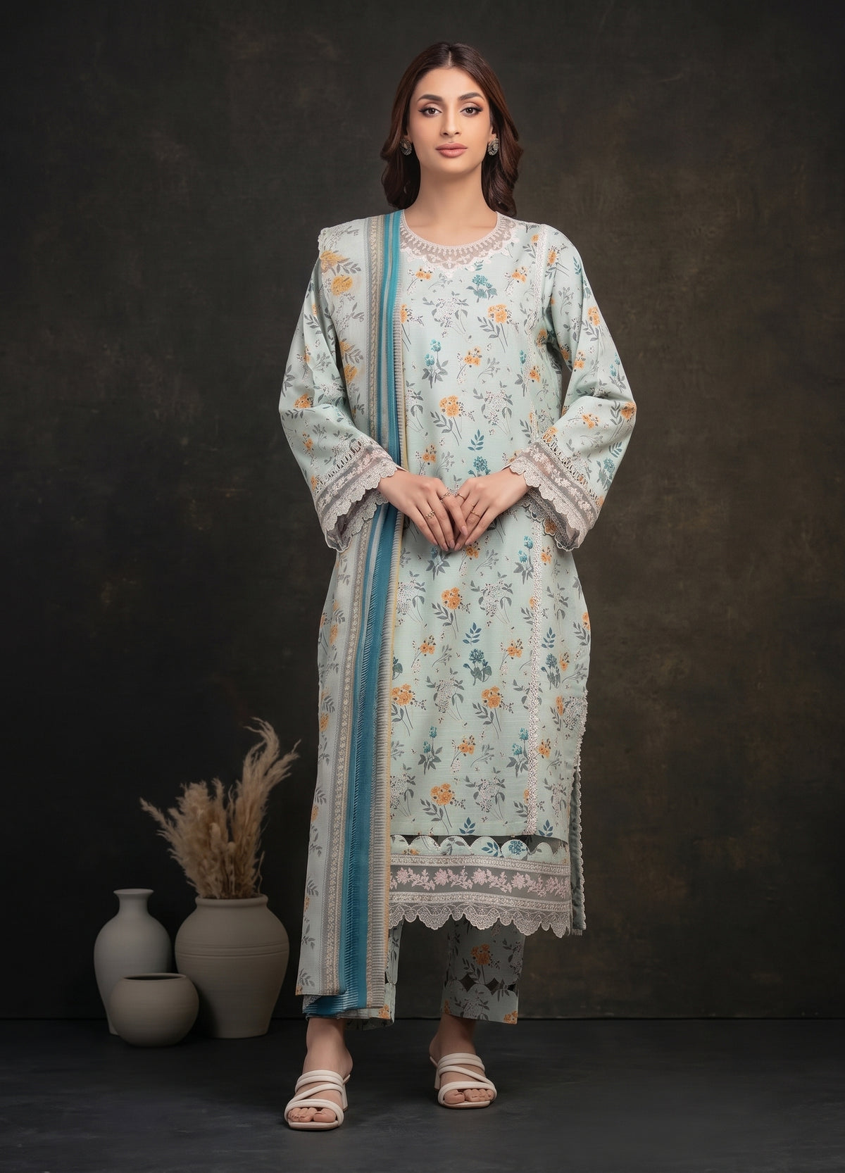 Ahmad Zee Fabrics – Pastel Mint Floral Printed Lawn 3-Piece Unstitched Suit