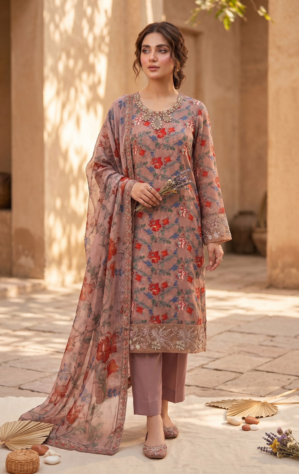Mauve Floral Embroidered 3-Piece Lawn Suit | Luxury Pret