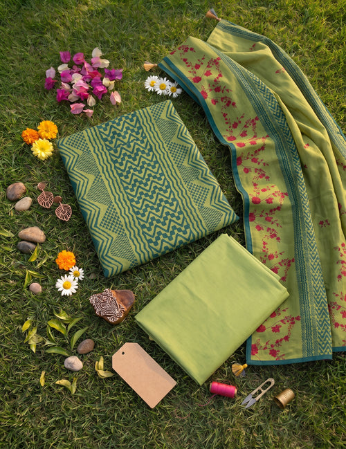 3-Piece Unstitched Printed Lawn Suit with Printed Dupatta (Olive Green & Teal)