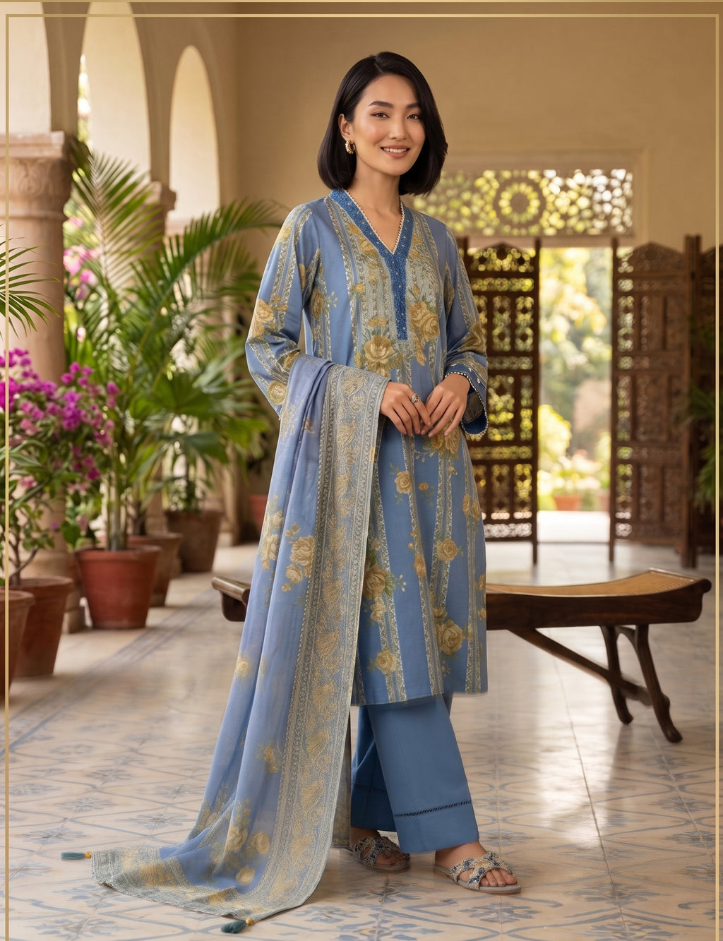 Ahmad Zee Fabrics – Powder Blue 3-Piece Unstitched Lawn Suit