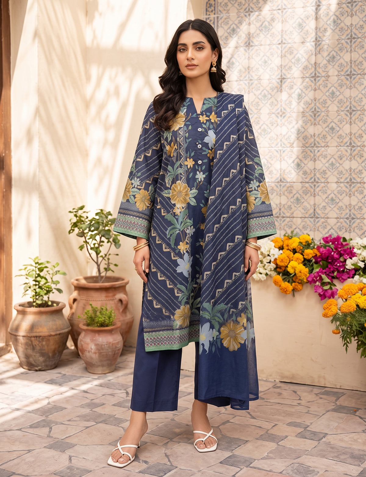 Ahmad Zee Fabrics - Navy Blue Floral 3-Piece Unstitched Lawn Suit