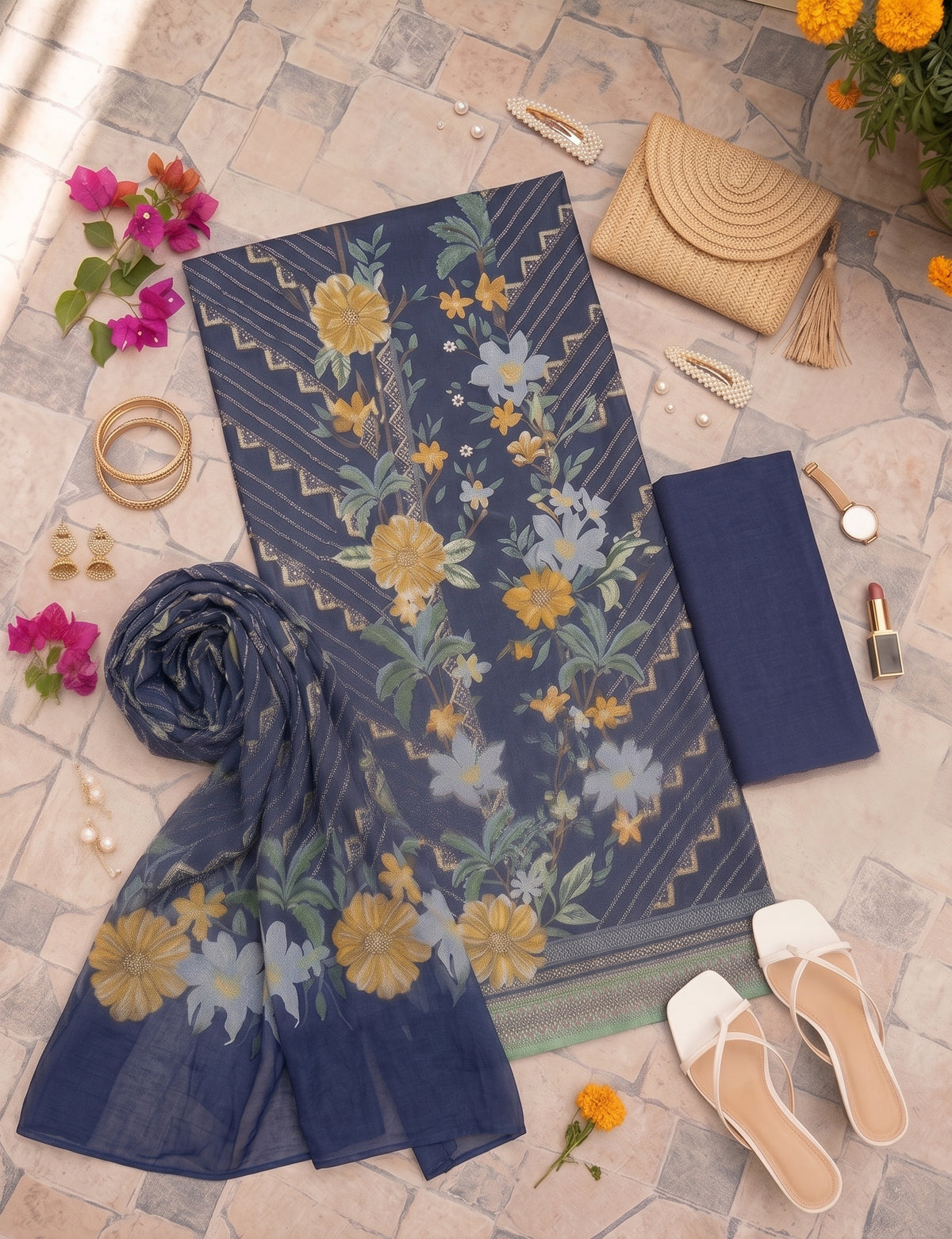 Ahmad Zee Fabrics - Navy Blue Floral 3-Piece Unstitched Lawn Suit
