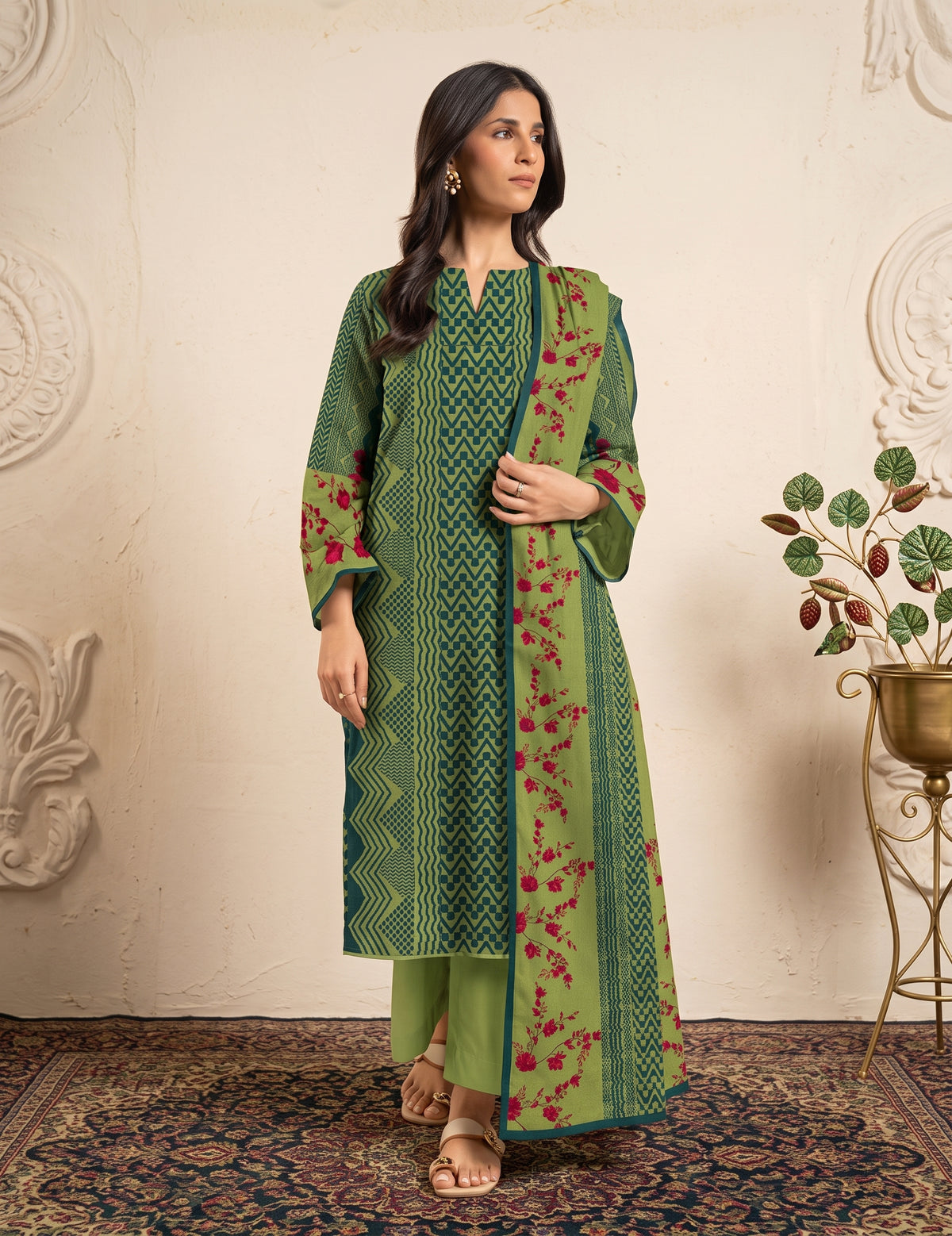 3-Piece Unstitched Printed Lawn Suit with Printed Dupatta (Olive Green & Teal)