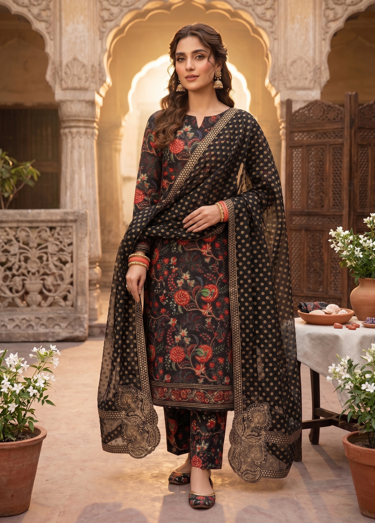 Black Floral Embroidered Suit with Chiffon Dupatta | Ahmad Zee Fabrics