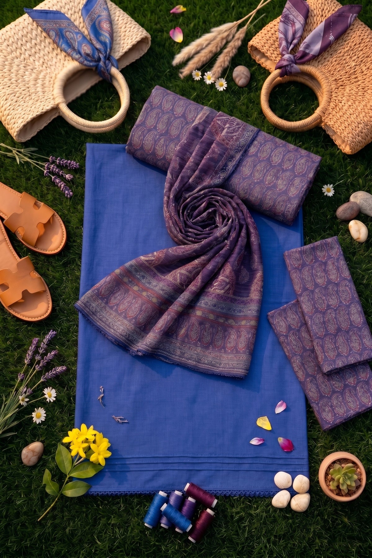 Royal Blue Printed Lawn 3-Piece Unstitched Suit | Ahmad Zee Fabrics