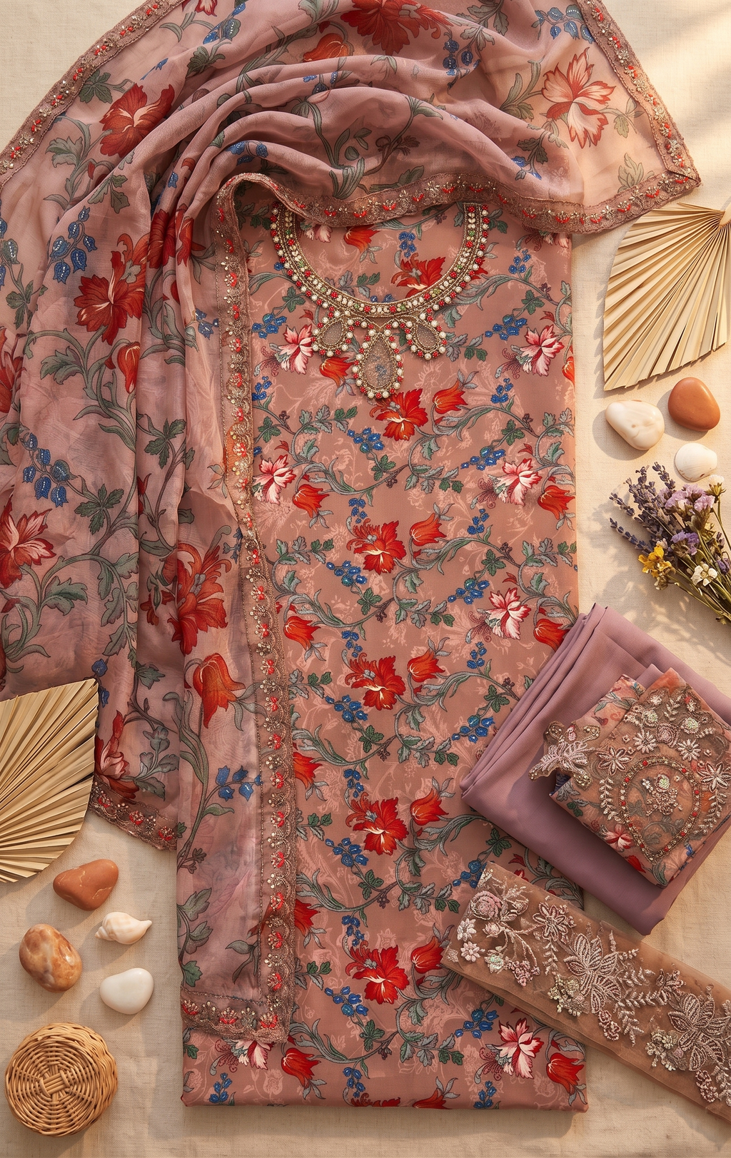 Mauve Floral Embroidered 3-Piece Lawn Suit | Luxury Pret