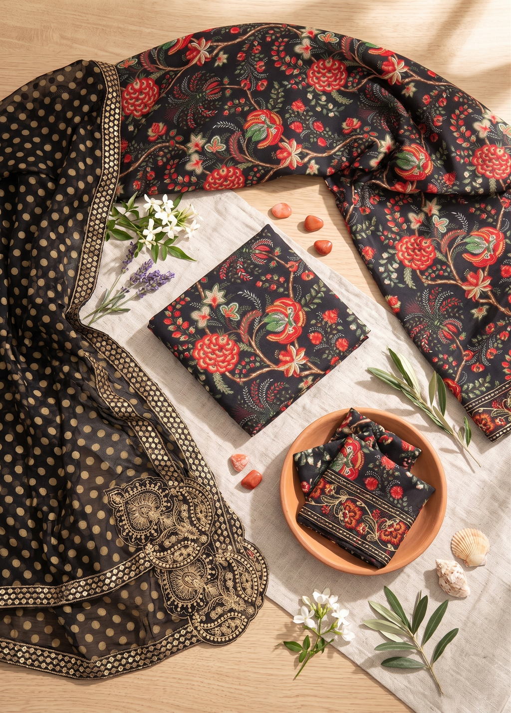 Black Floral Embroidered Suit with Chiffon Dupatta | Ahmad Zee Fabrics