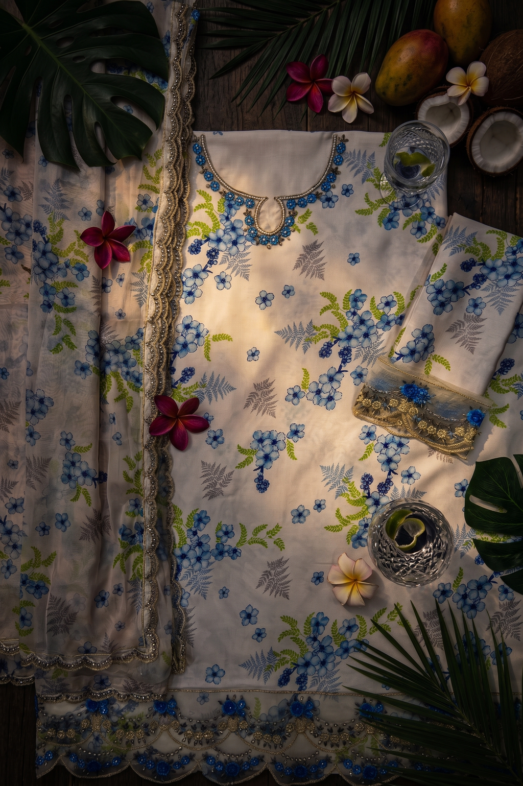 Floral Blue Embroidered Gharara Suit – 3-Piece Luxury Festive Set