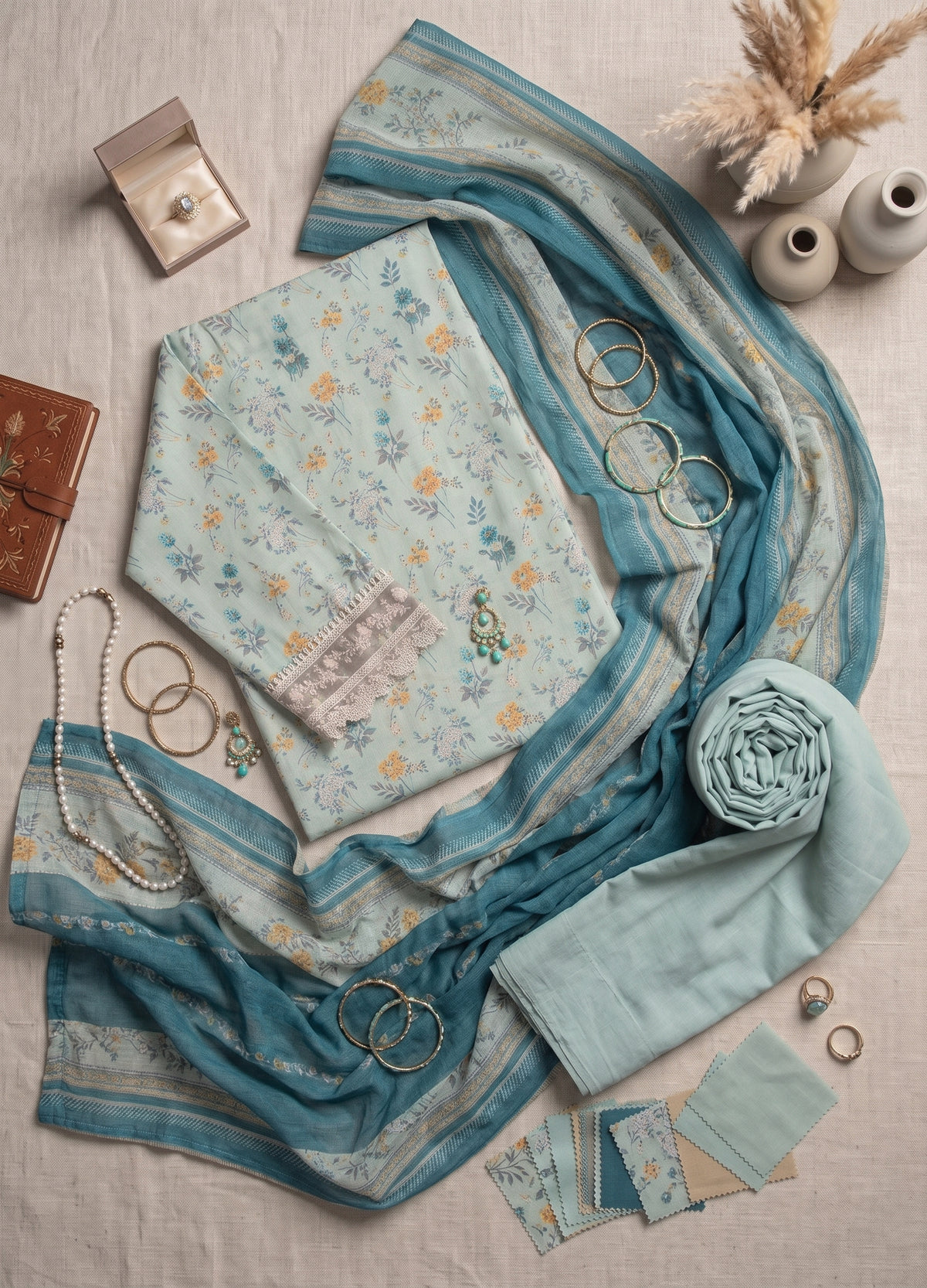 Ahmad Zee Fabrics – Pastel Mint Floral Printed Lawn 3-Piece Unstitched Suit