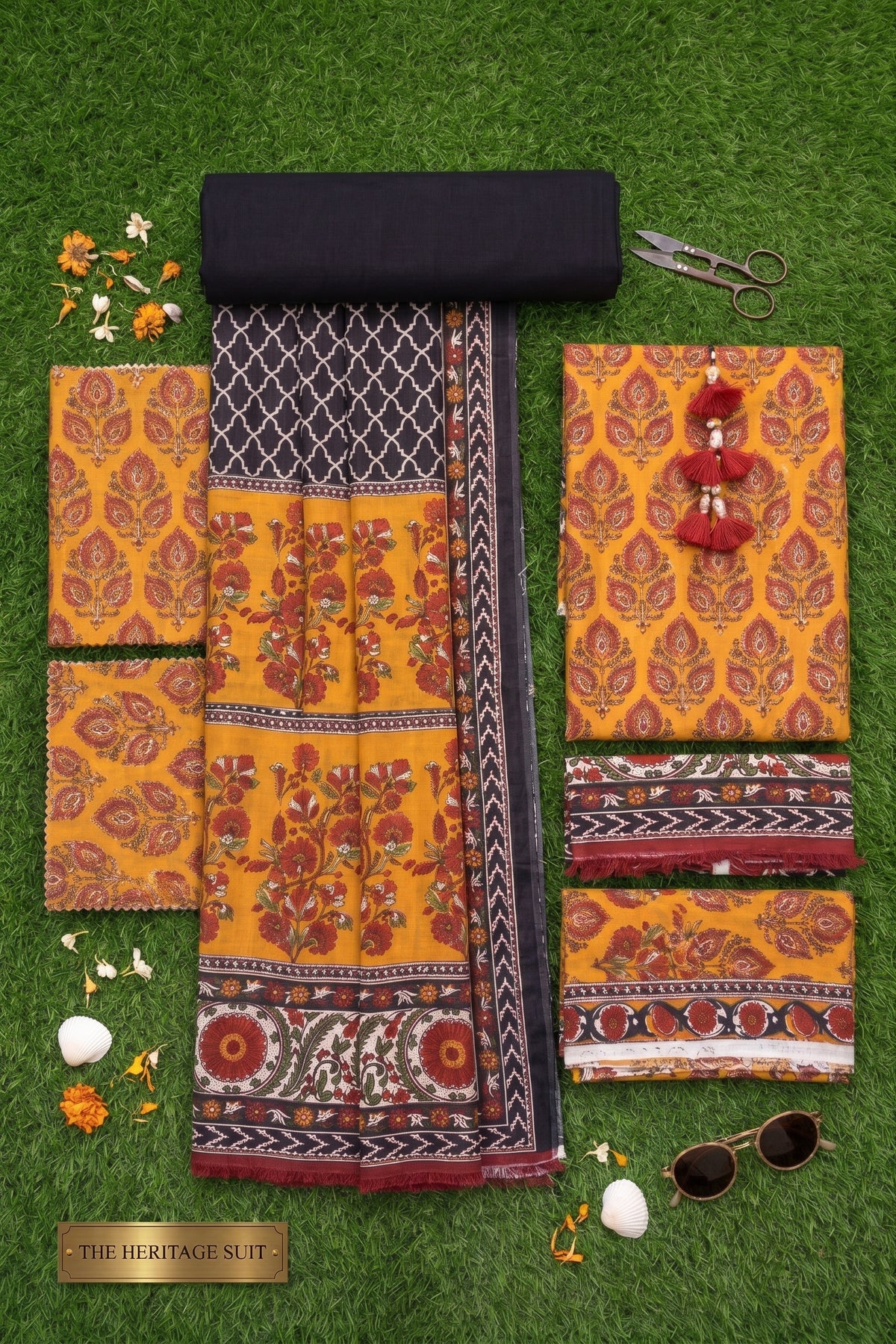 Ahmad Zee Fabrics – 3-Piece Unstitched Printed Lawn Suit (Mustard & Black)