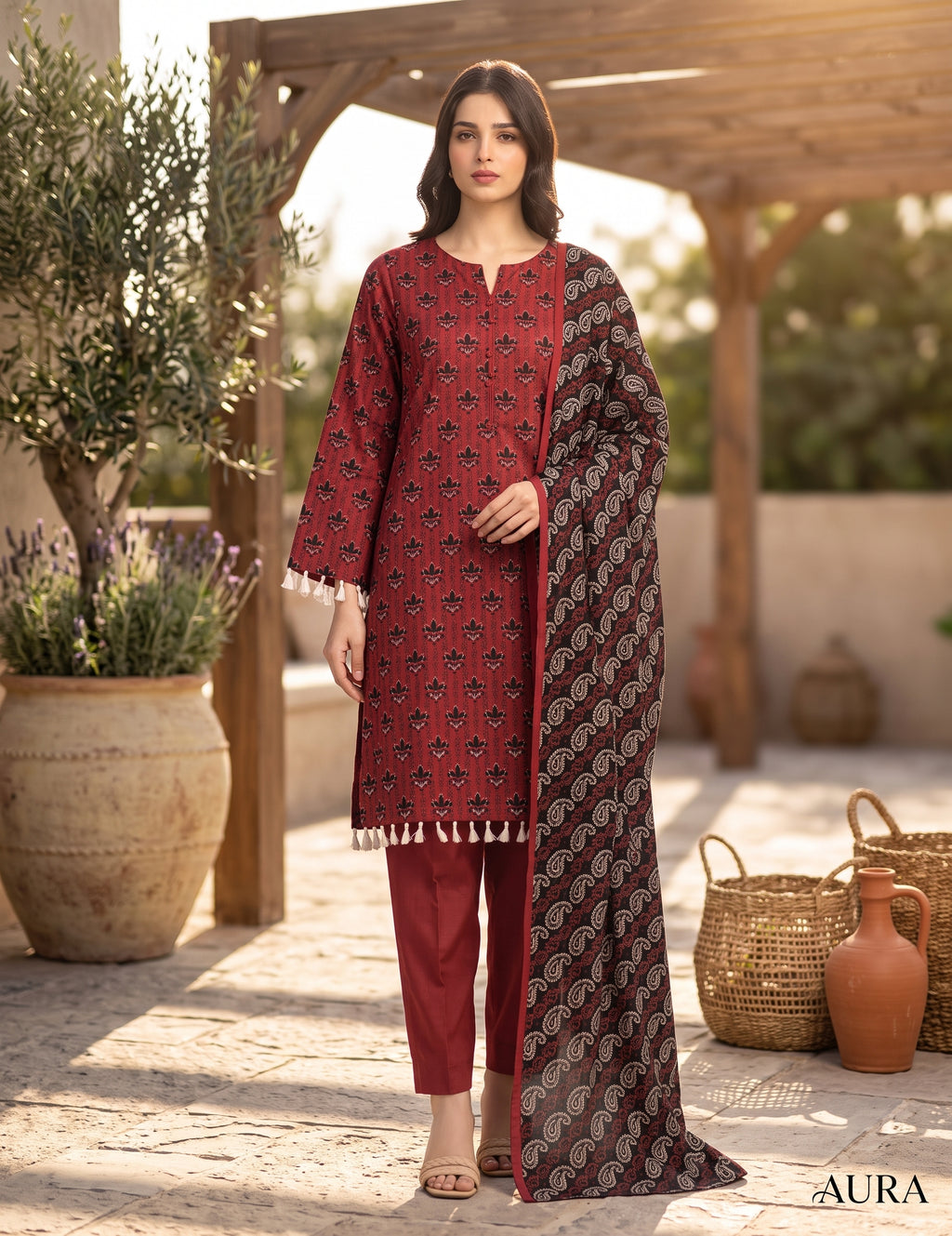 Maroon 3-Piece Unstitched Lawn Suit