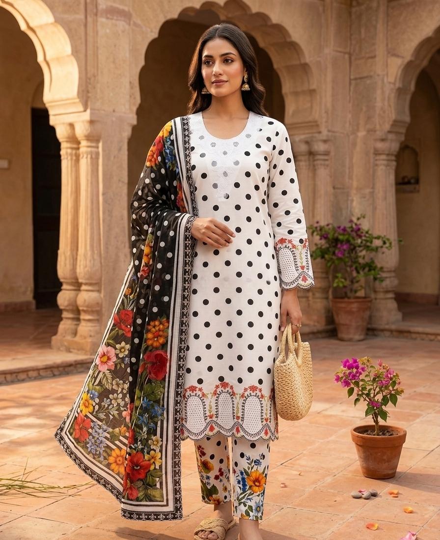 Retro Polka 3-Piece Suite with Vibrant Floral Borders & Dupatta