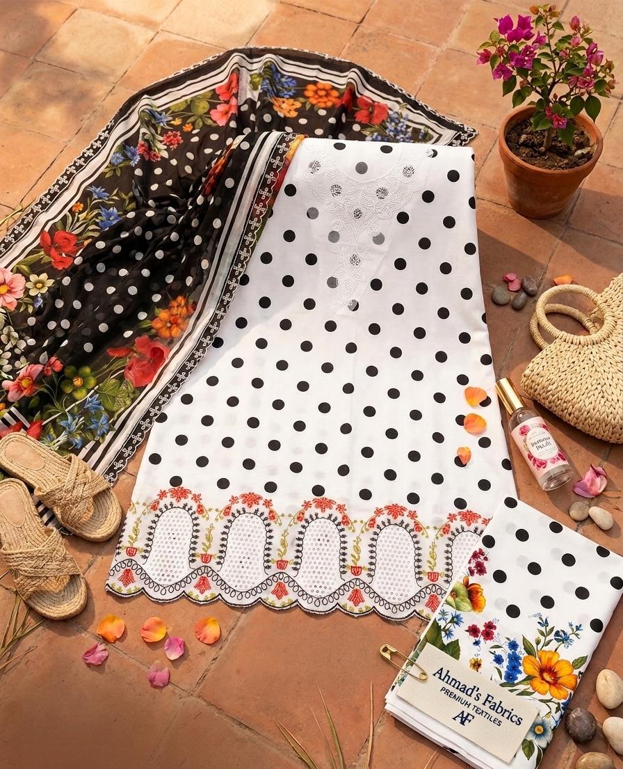 Retro Polka 3-Piece Suite with Vibrant Floral Borders & Dupatta