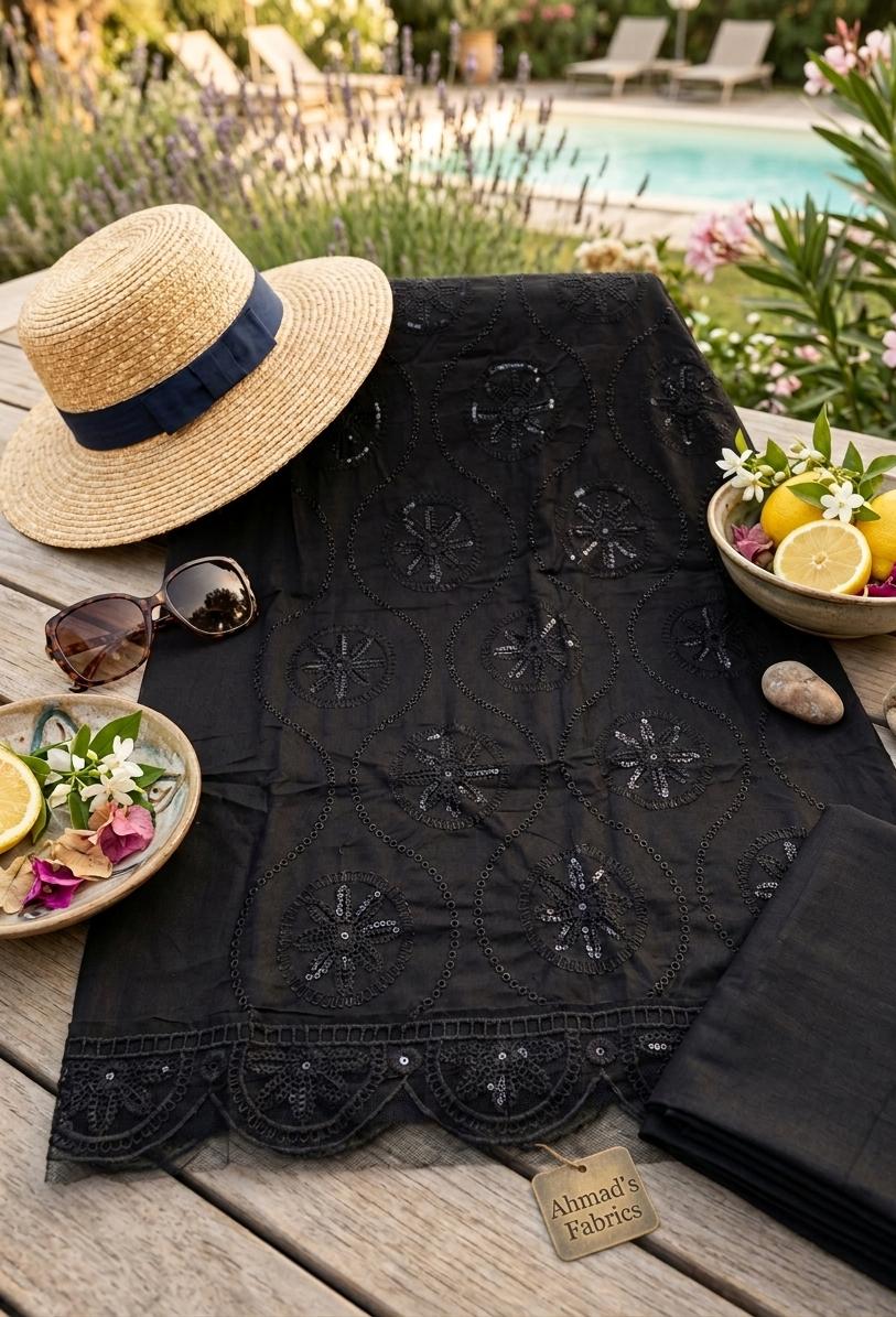 All Black Embroidered Schiffli Lawn 2-Piece Kurti & Trouser | Ahmad Zee Fabrics