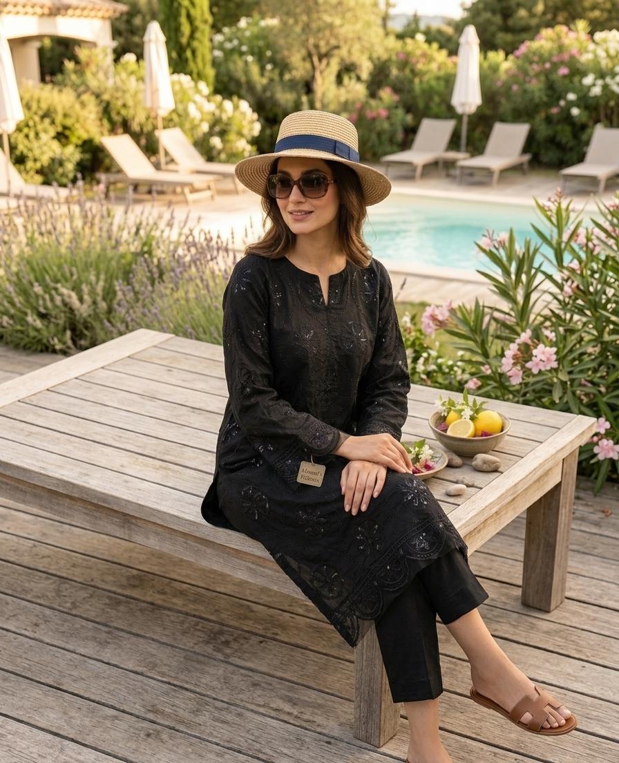 All Black Embroidered Schiffli Lawn 2-Piece Kurti & Trouser | Ahmad Zee Fabrics