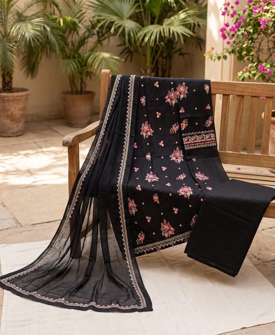 Black Embroidered 3-Piece Unstitched Lawn Suit with Chiffon Dupatta