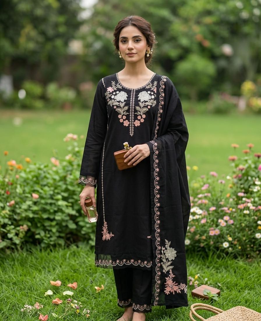 Pastel Flora 3-Piece Black Embroidered Luxury Suit
