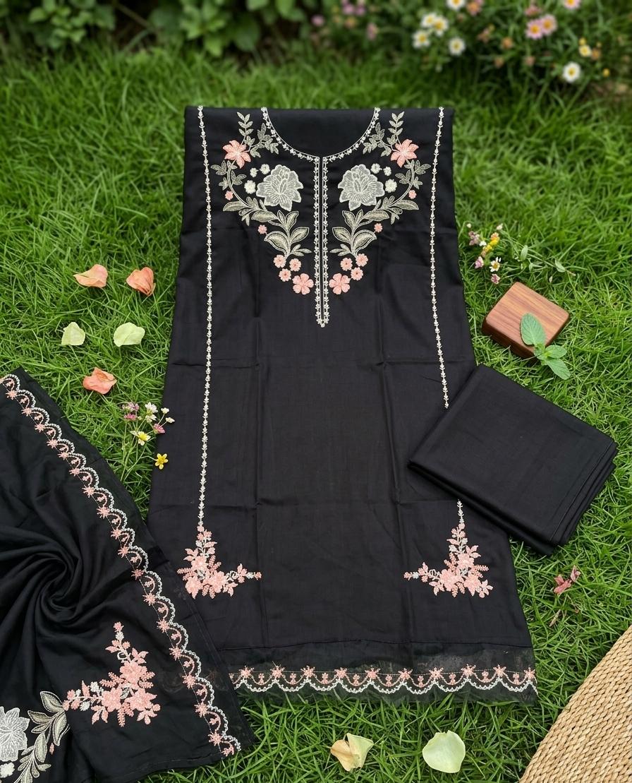 Pastel Flora 3-Piece Black Embroidered Luxury Suit