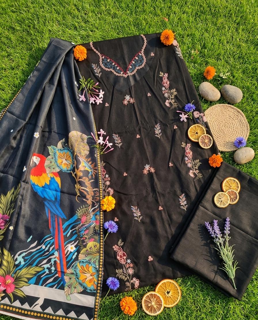 3-Piece Unstitched Lawn Suit with Printed Silk Dupatta | Ahmad Zee Fabrics
