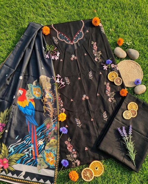 3-Piece Unstitched Lawn Suit with Printed Silk Dupatta | Ahmad Zee Fabrics