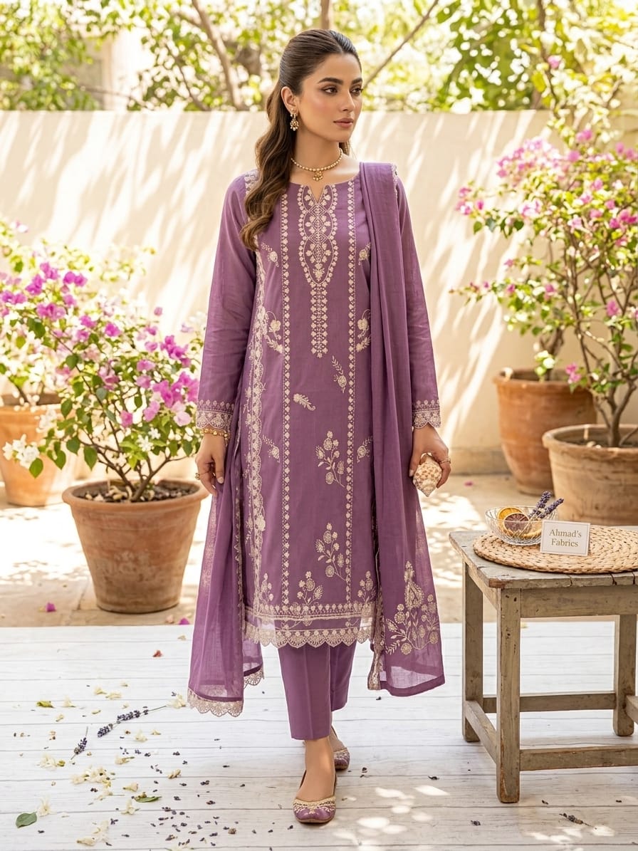 Ahmad Zee Fabrics – Mauve Mist 3-Piece Embroidered Panel Lawn Suit