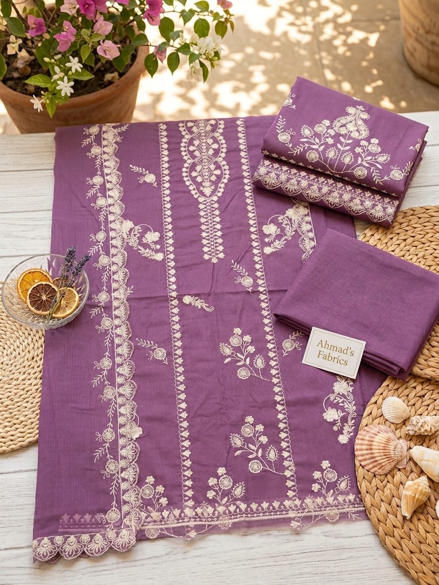 Ahmad Zee Fabrics – Mauve Mist 3-Piece Embroidered Panel Lawn Suit