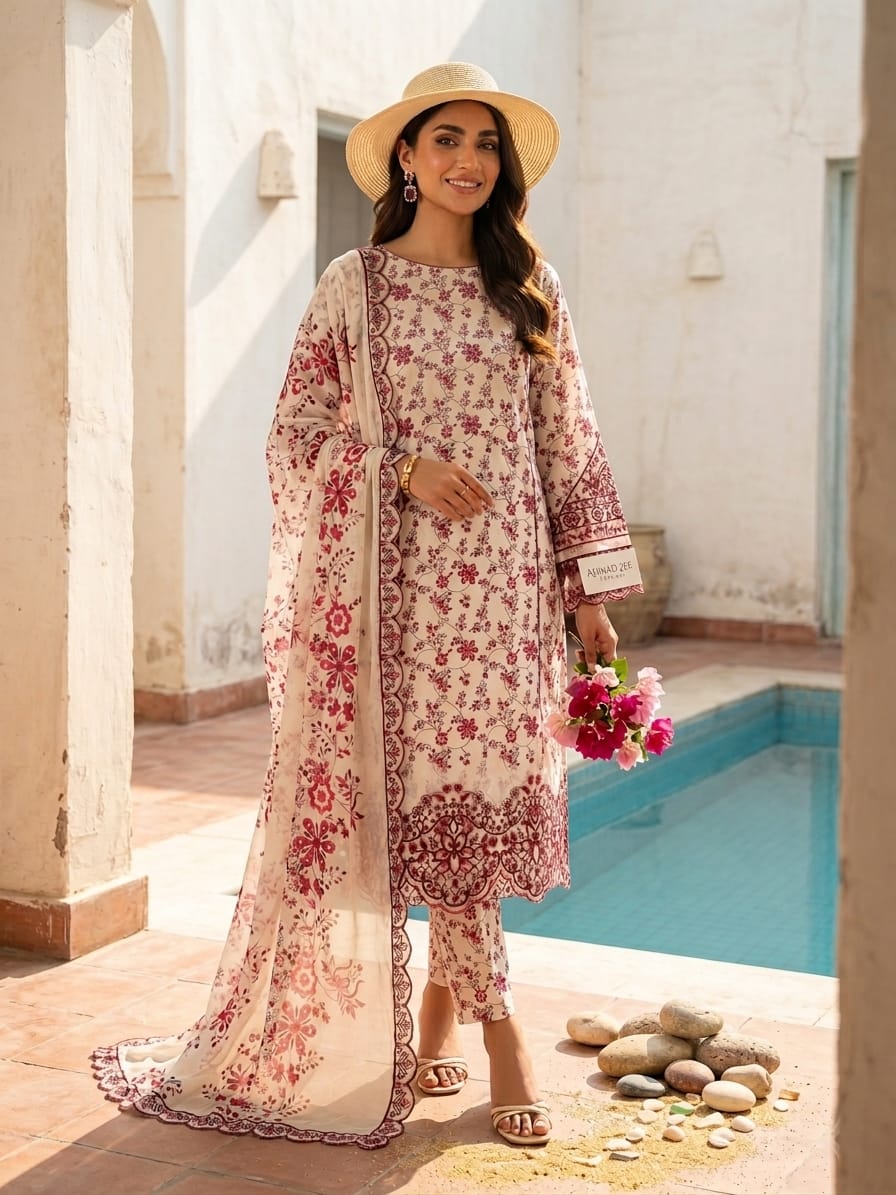 Ahmad Zee Fabrics – Crimson Vines 3-Piece Printed Lawn Suit with Laser-Cut Borders