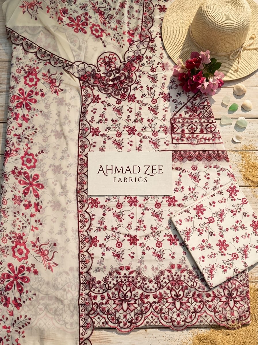 Ahmad Zee Fabrics – Crimson Vines 3-Piece Printed Lawn Suit with Laser-Cut Borders